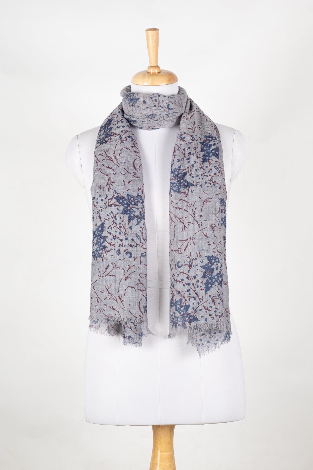Merino Wool Scarf in Grey with Leaf and Twig Print