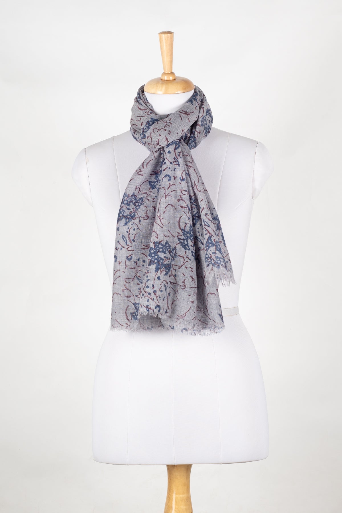 Merino Wool Scarf in Grey with Leaf and Twig Print