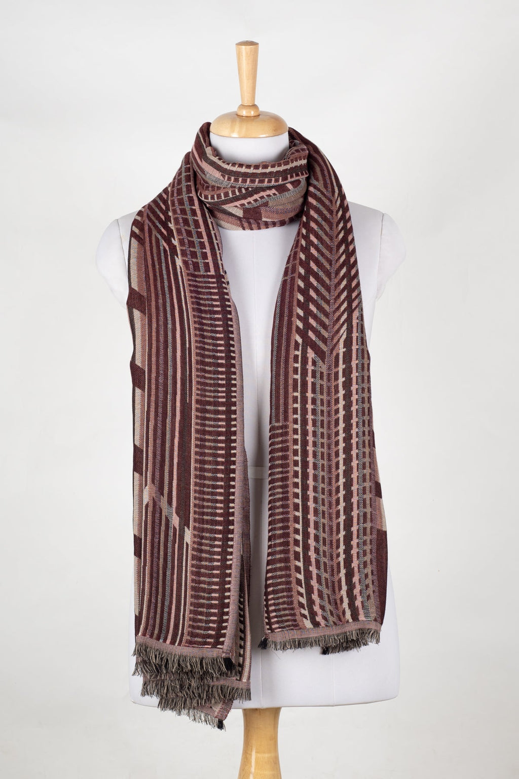 Geometric Abstract Jacquard Merino Wool Scarf in Maroon