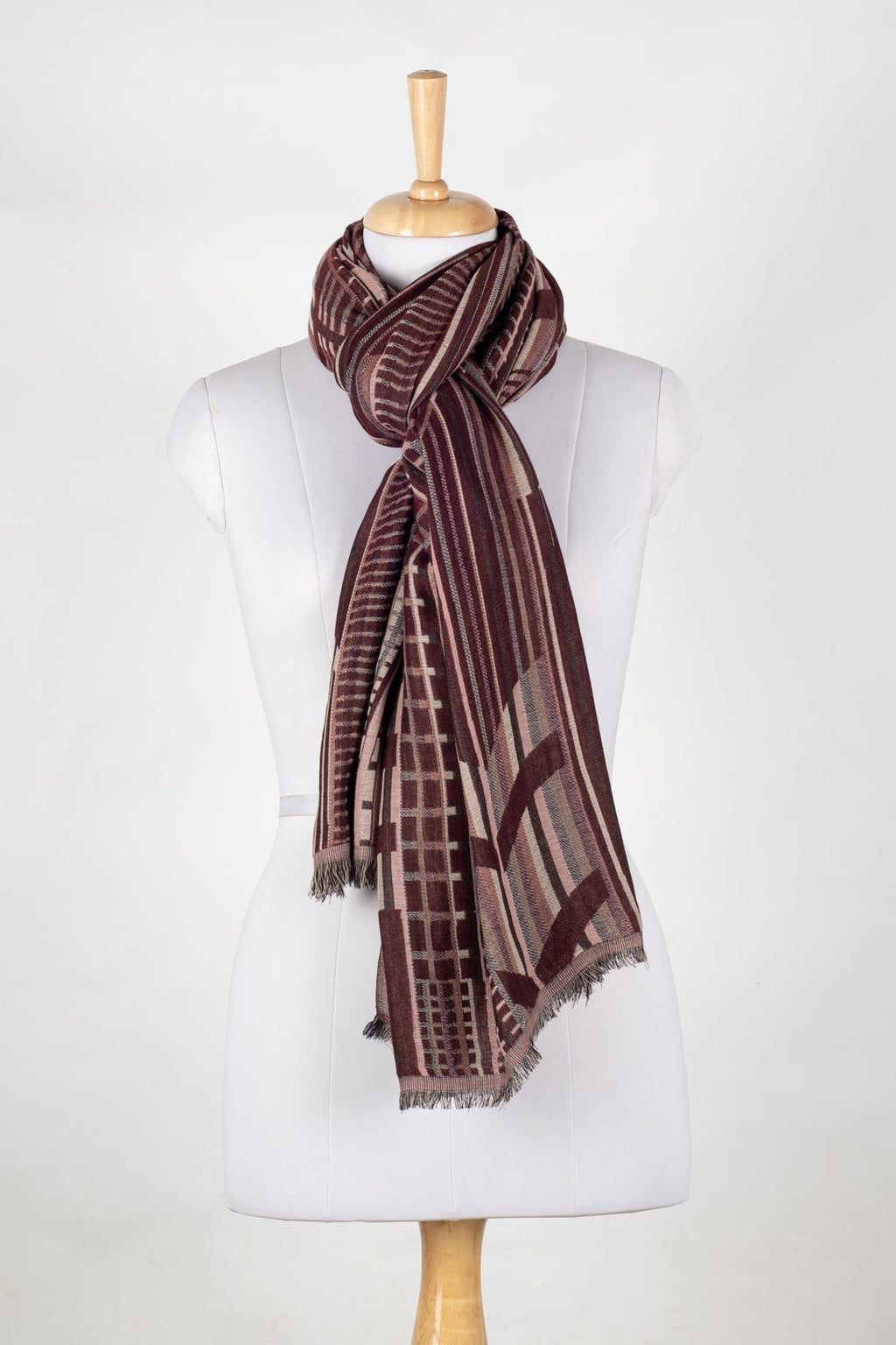 Geometric Abstract Jacquard Merino Wool Scarf in Maroon