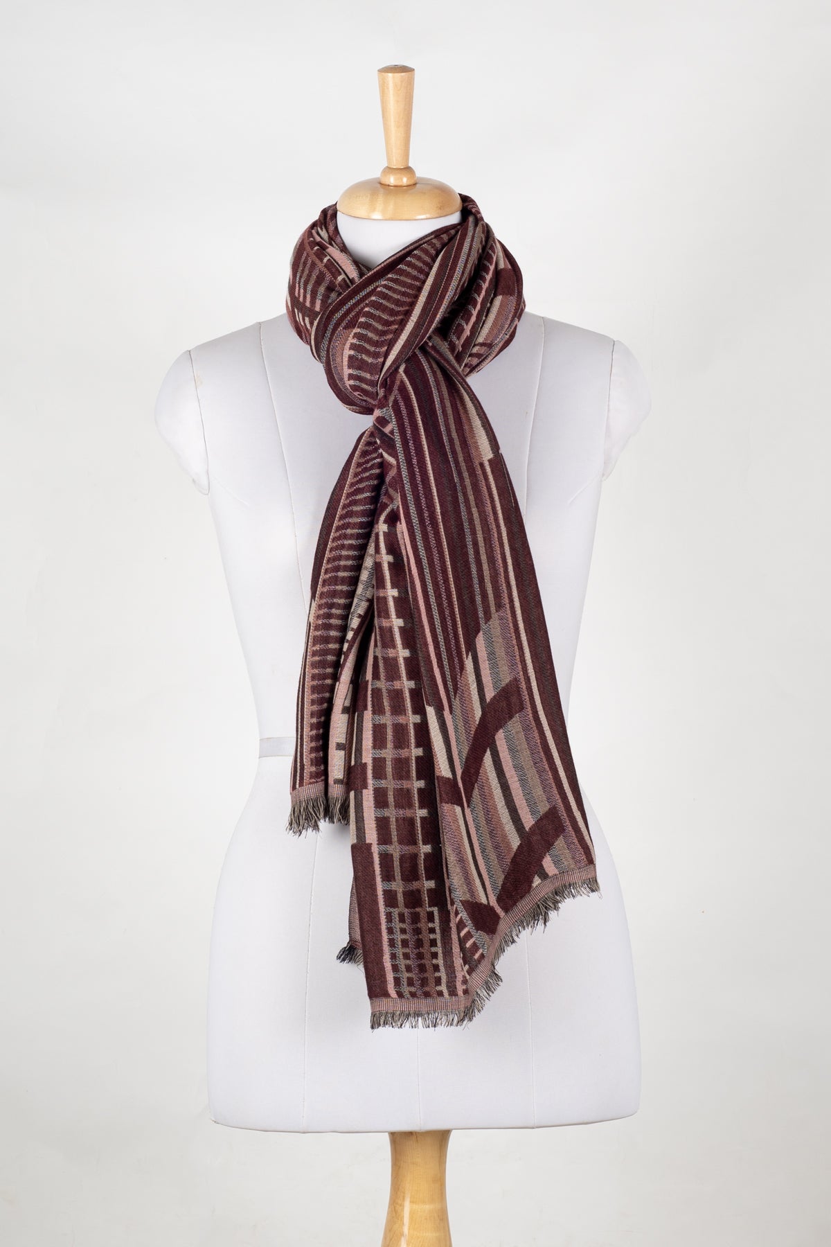 Geometric Abstract Jacquard Merino Wool Scarf in Maroon