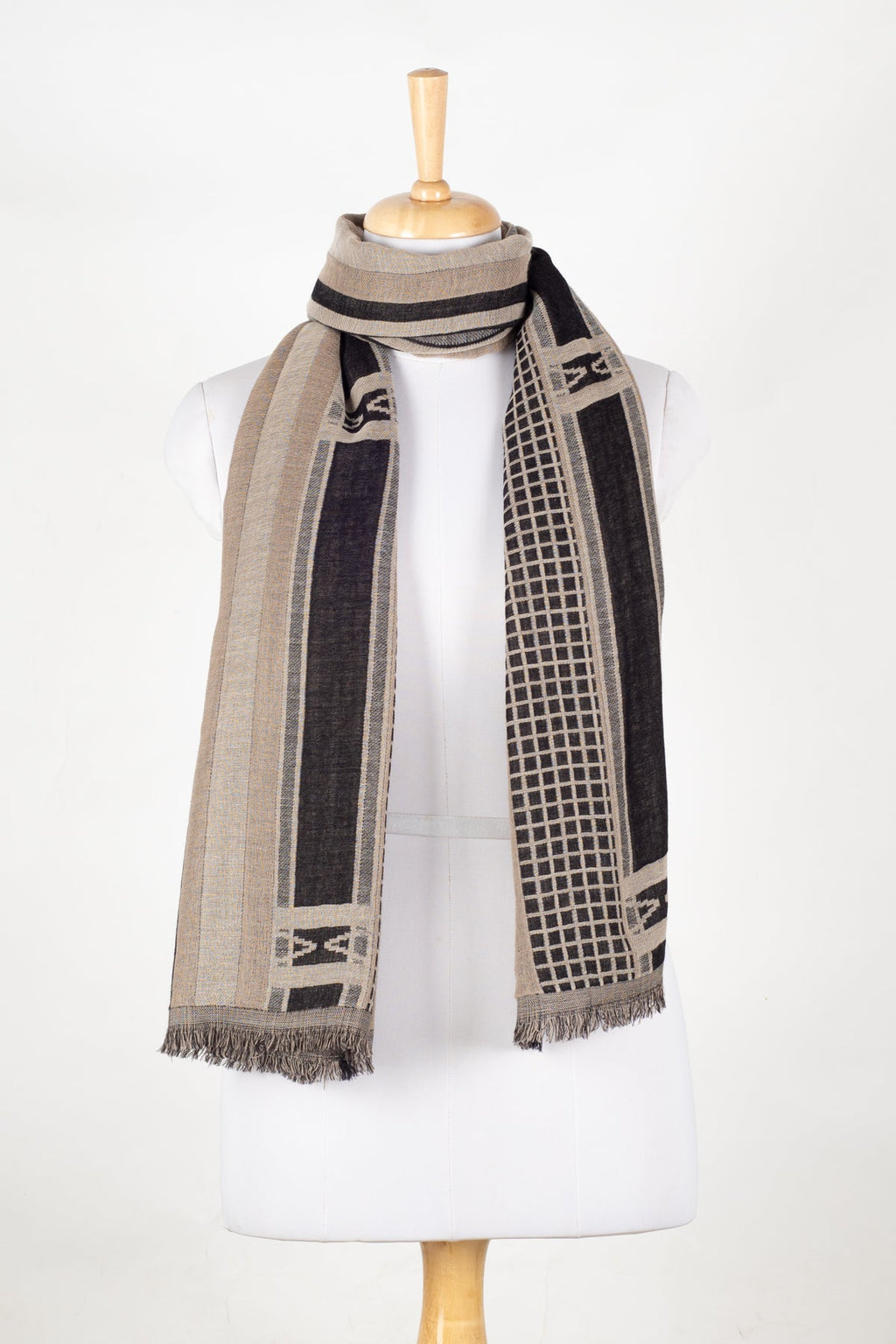 Checks and Stripes Abstract Fine Wool Jacquard Scarf in Black