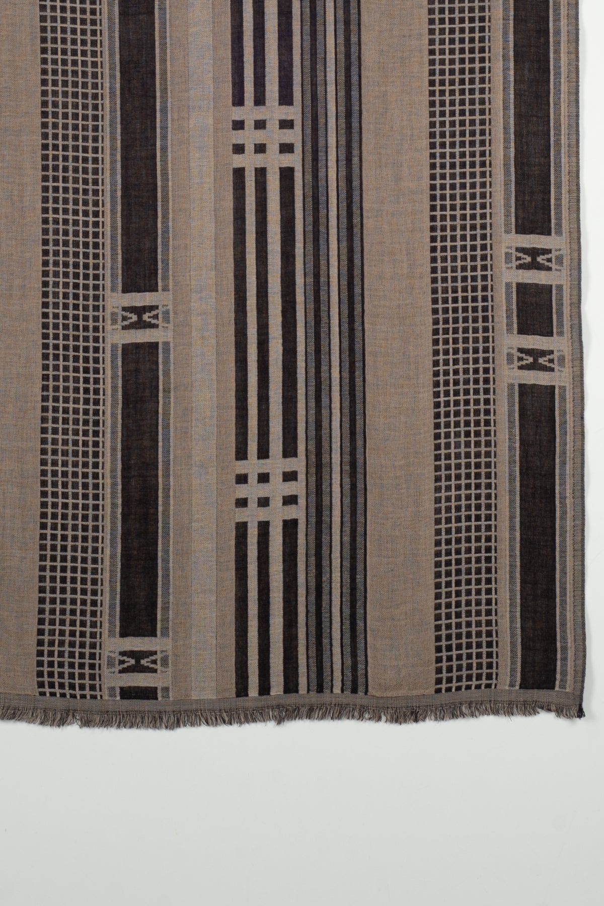 Checks and Stripes Abstract Fine Wool Jacquard Scarf in Black