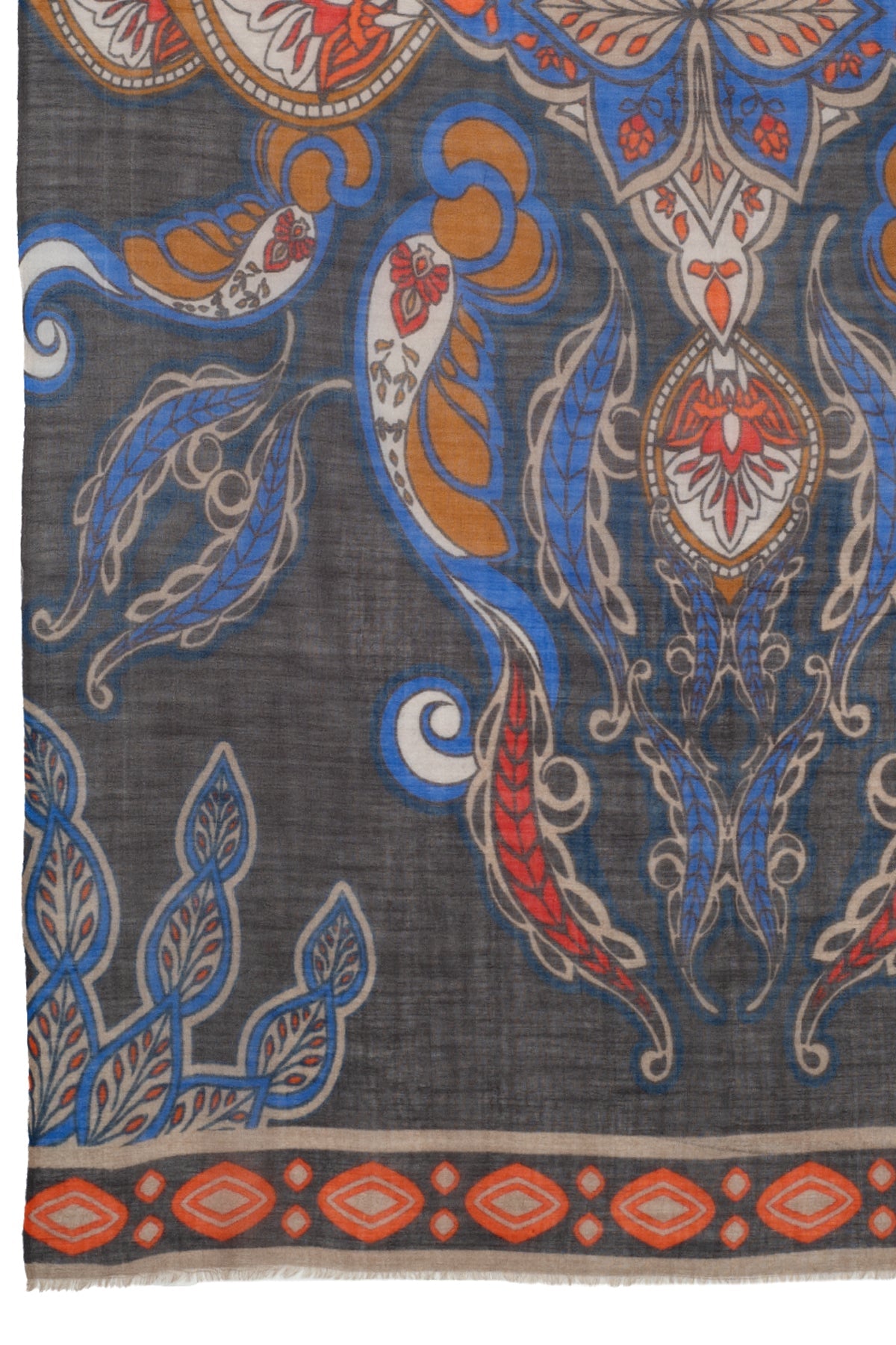 Floral and Leaf Fine Wool Scarf in Grey Multicolour