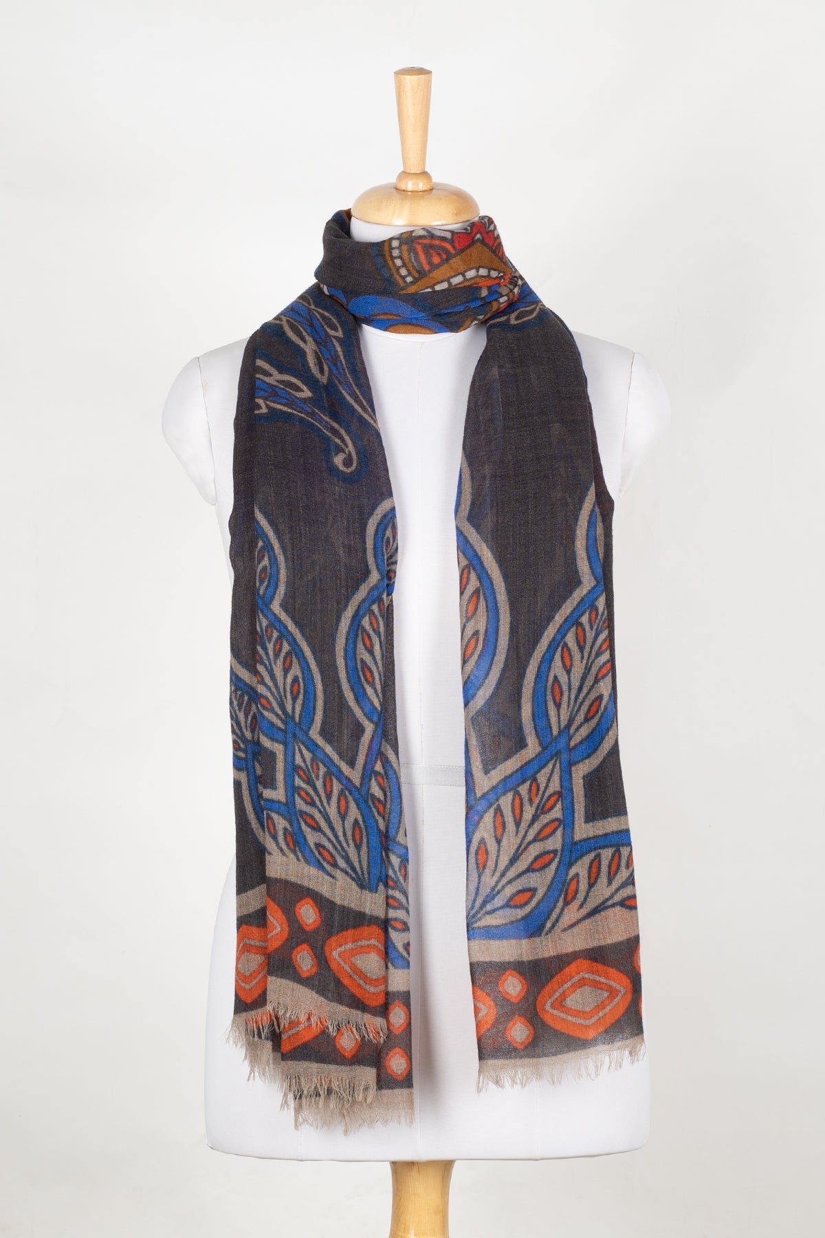 Floral and Leaf Fine Wool Scarf in Grey Multicolour