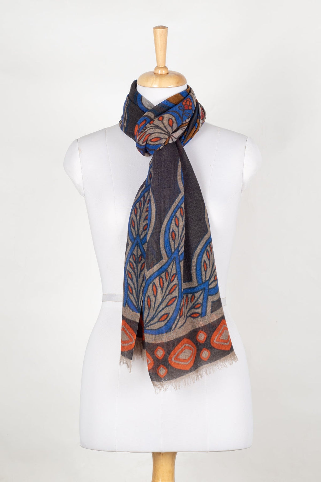 Floral and Leaf Fine Wool Scarf in Grey Multicolour