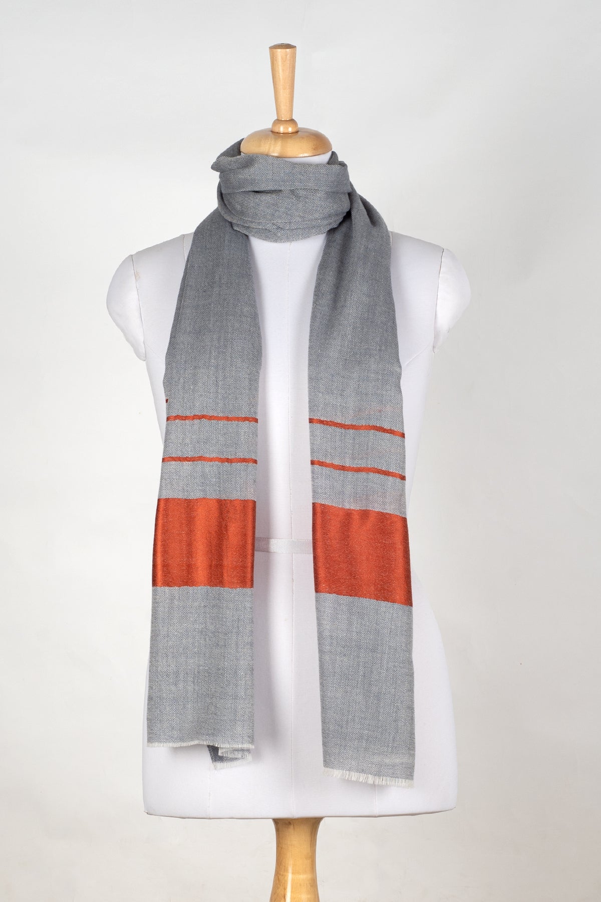 Bordered Stripe Cashmere Wool Scarf in Grey and Orange