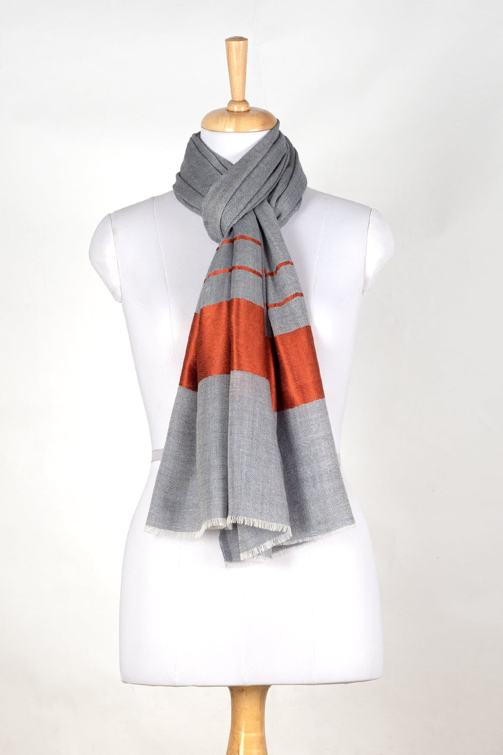 Bordered Stripe Cashmere Wool Scarf in Grey and Orange