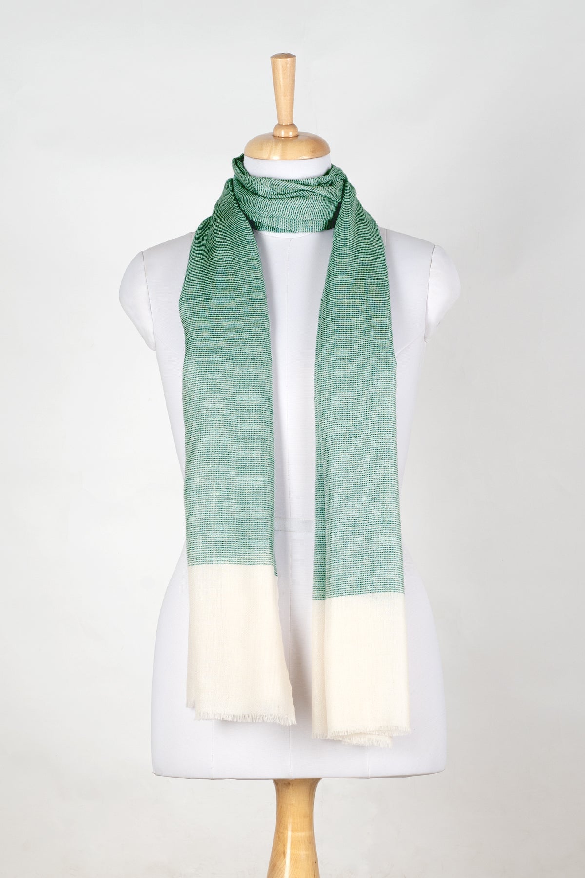 Micro Squares Cashmere Wool Scarf in Bottle Green and Off White