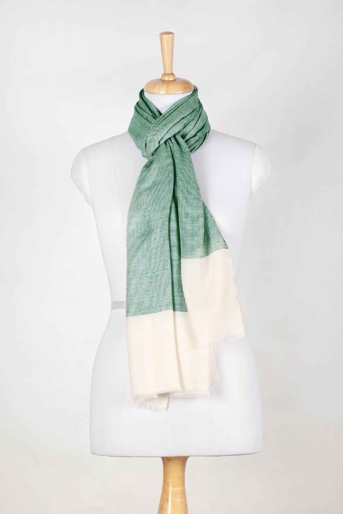 Micro Squares Cashmere Wool Scarf in Bottle Green and Off White