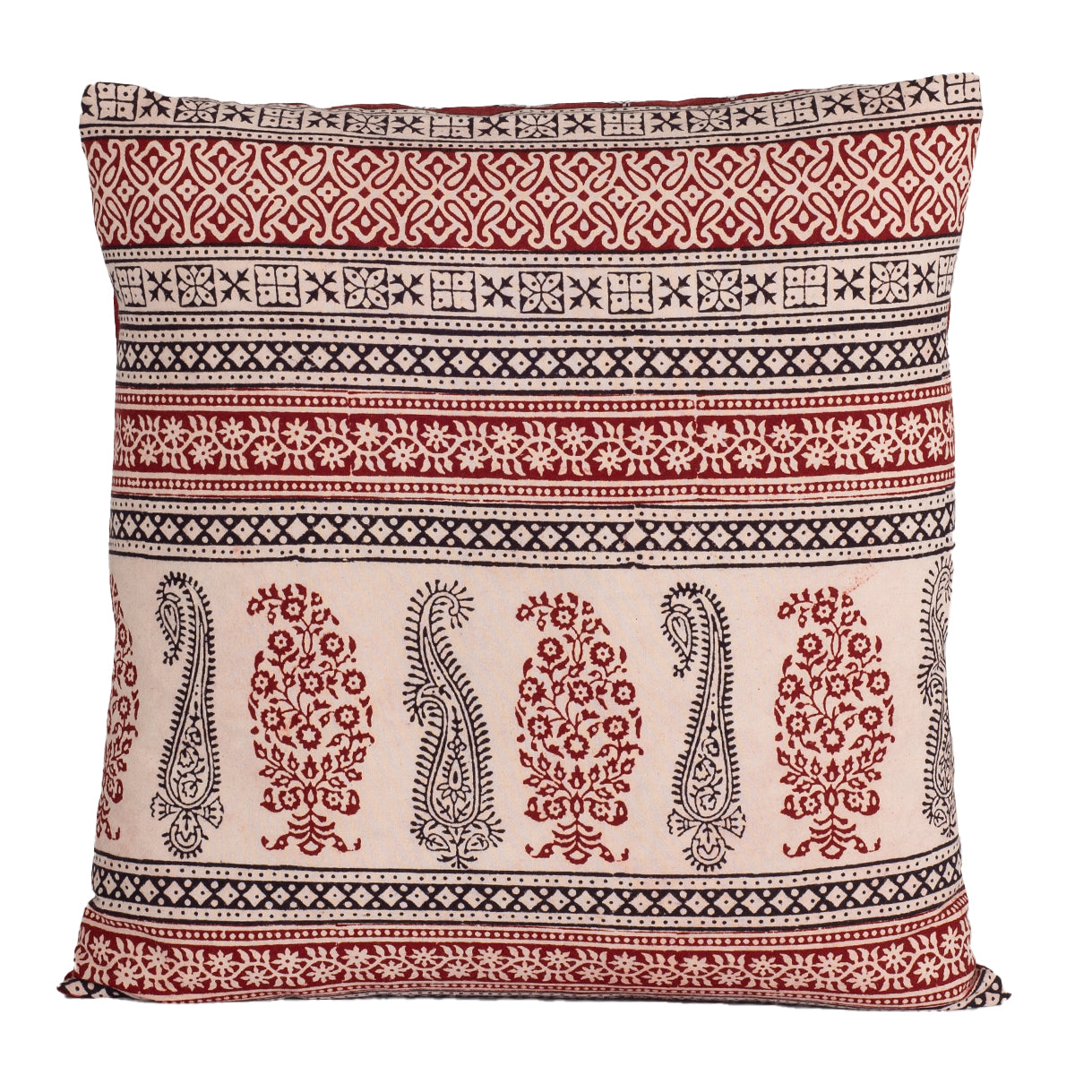 Red and Black Paisley Geometric Hand Block Print Cotton Cushion Cover