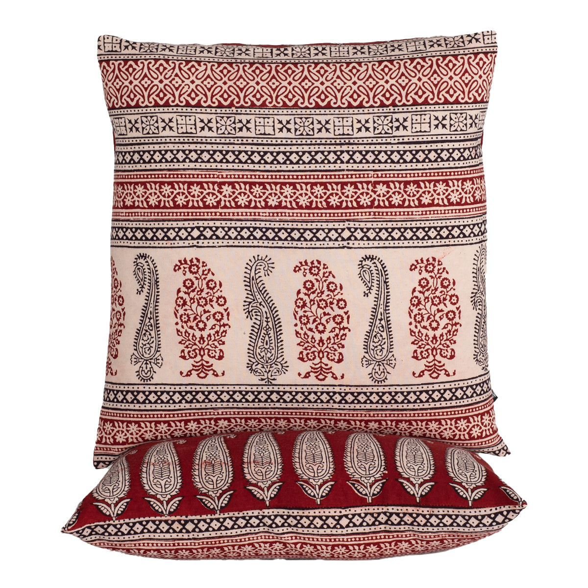 Red and Black Paisley Geometric Hand Block Print Cotton Cushion Cover