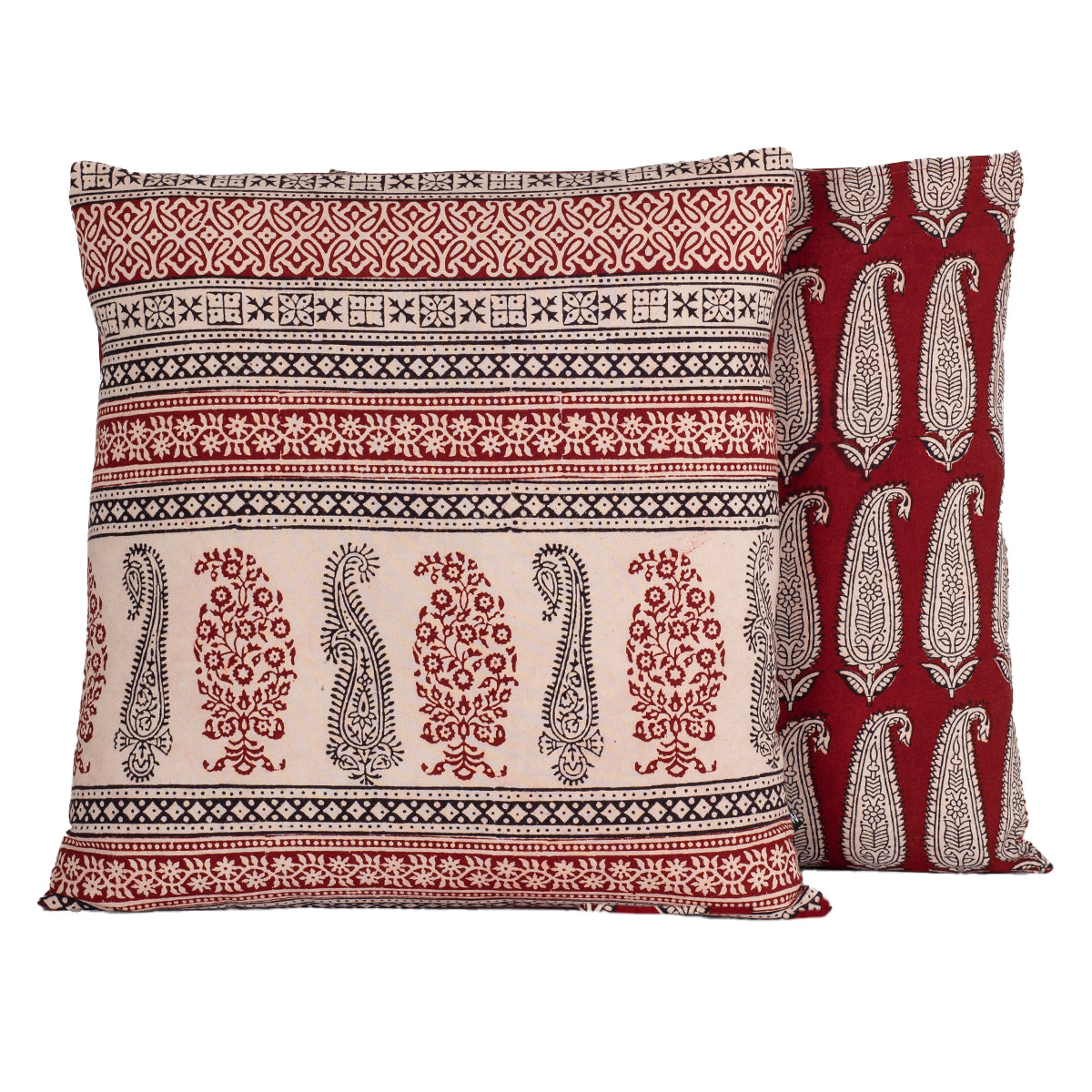 Red and Black Paisley Geometric Hand Block Print Cotton Cushion Cover