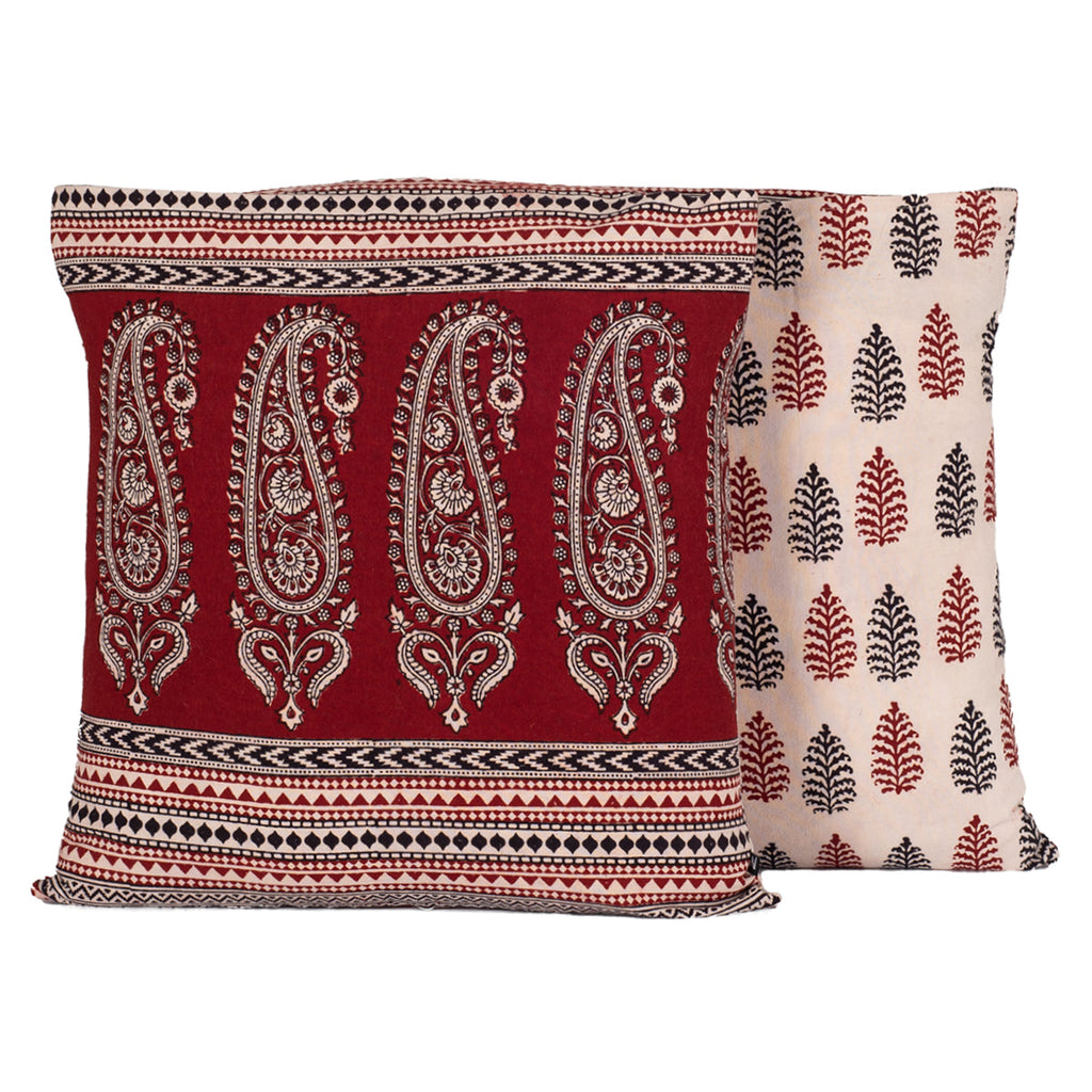 Hand Block Print Cotton Cushion Cover Red Black Paisley Pine