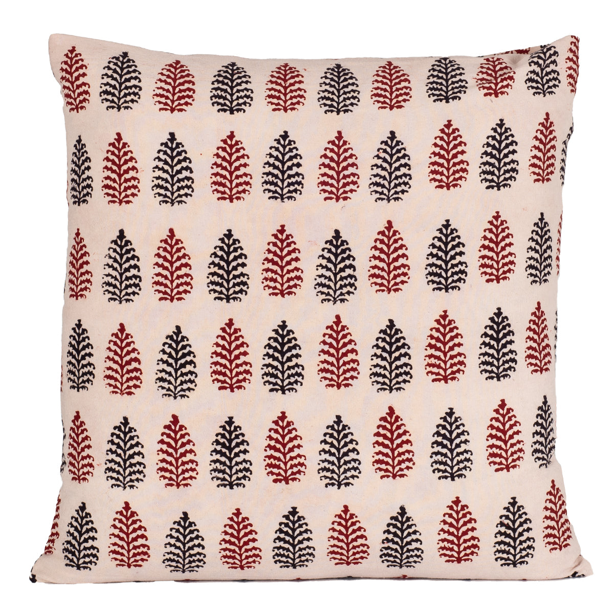Pine Motif Hand Block Print Cotton Cushion Cover in Red and Black