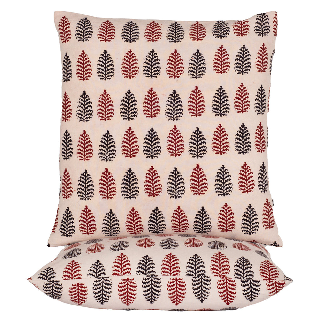 Pine Motif Hand Block Print Cotton Cushion Cover in Red and Black