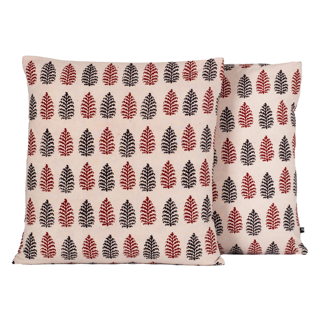 Pine Motif Hand Block Print Cotton Cushion Cover in Red and Black