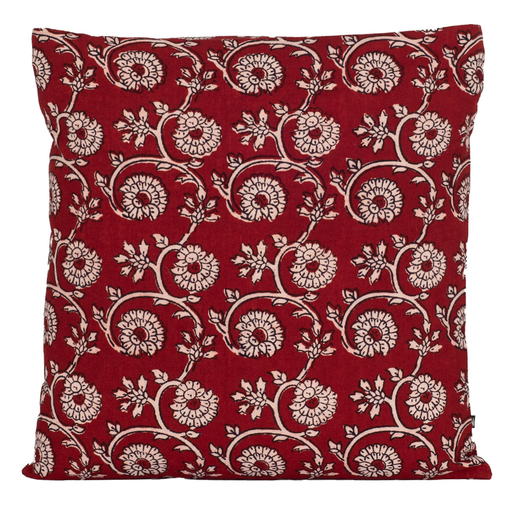 Red Floral Vine Hand Block Print Cotton Cushion Cover 45cm
