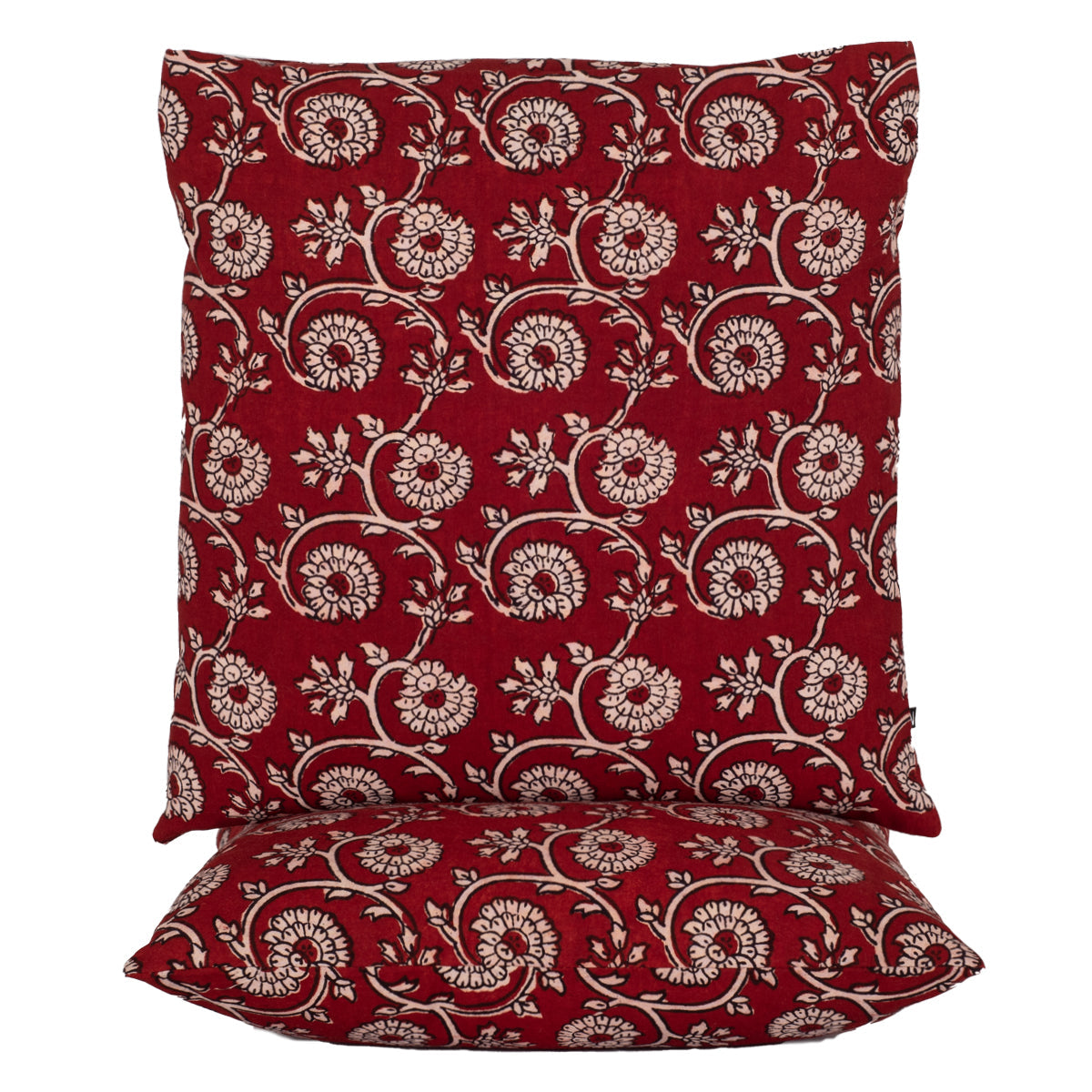 Red Floral Vine Hand Block Print Cotton Cushion Cover 45cm