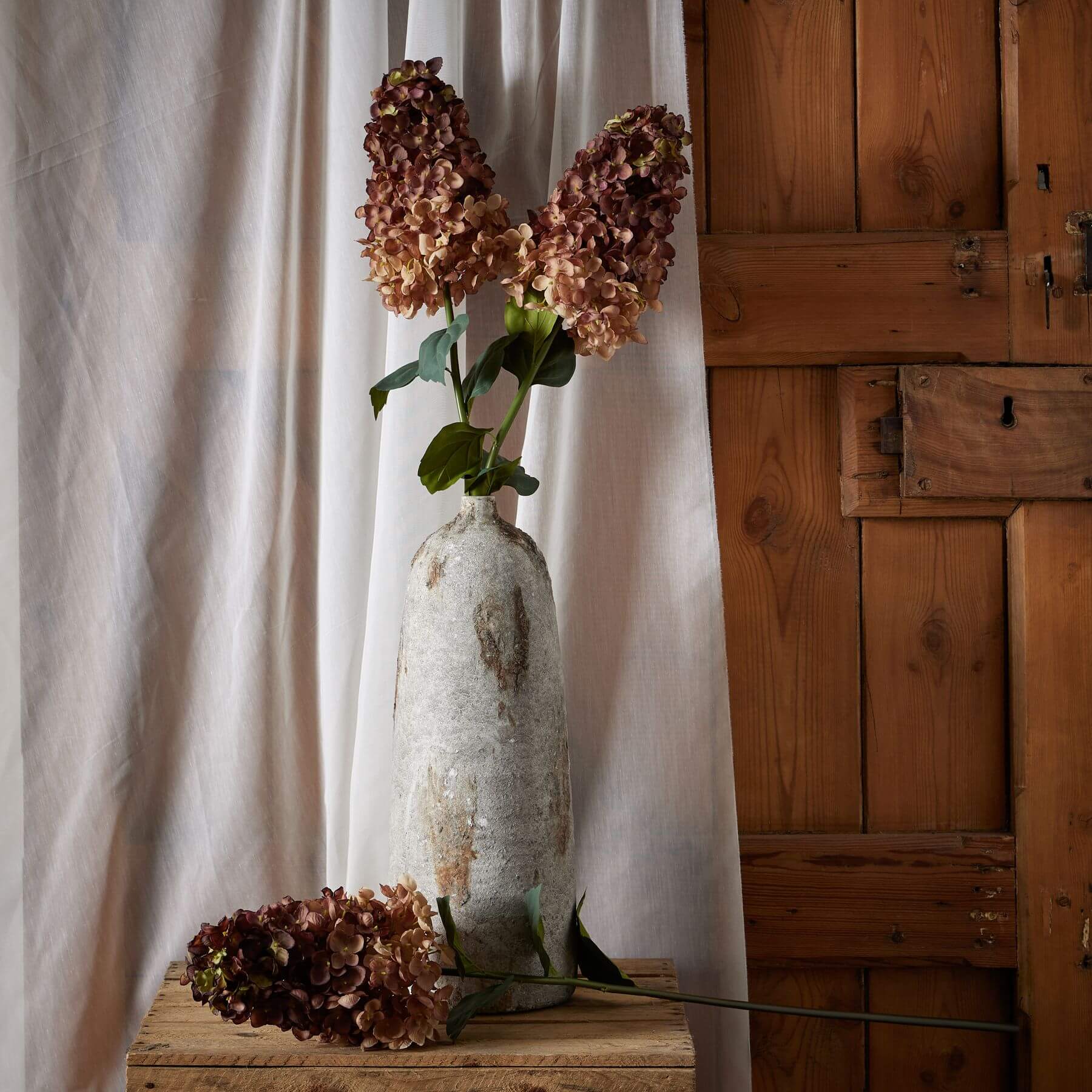 Burgundy spear hydrangea artificial flower arrangement, 88cm tall, rich plastic petals, elegant home decor centerpiece by sostter at brixbailey.com