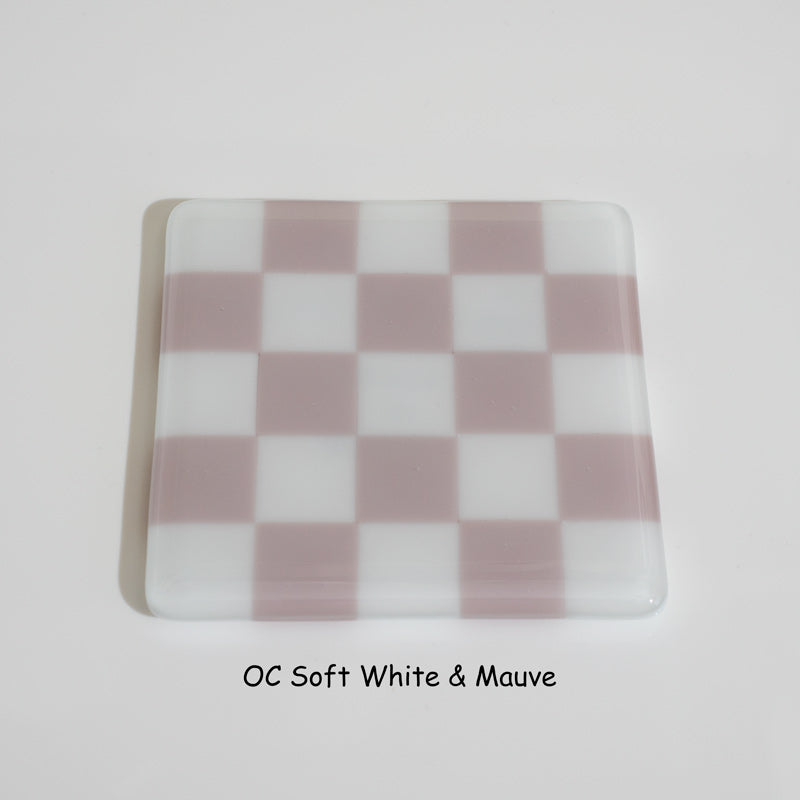 10cm Chequered Soft White Fused Glass Coaster
