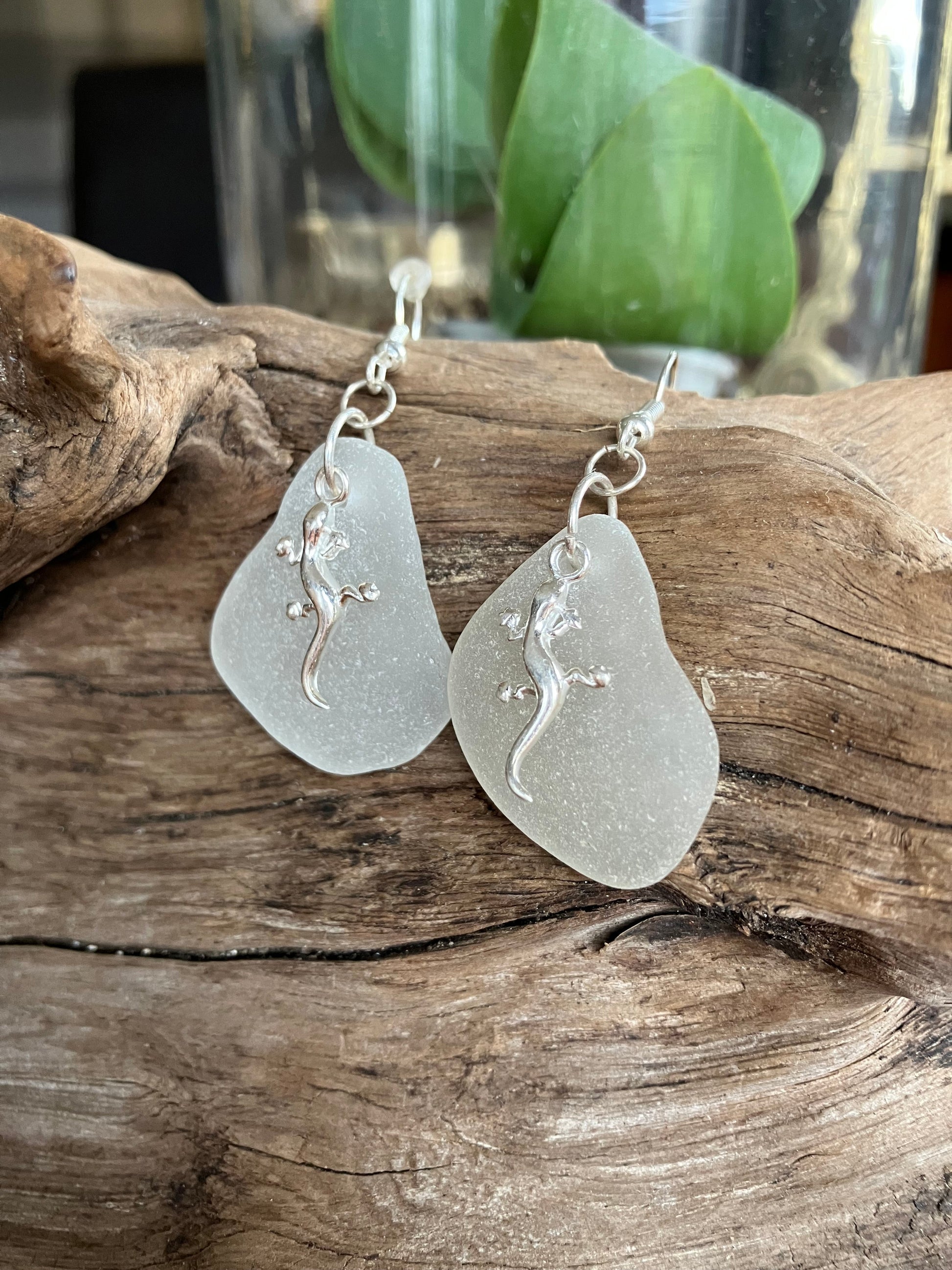 Gecko Lizard Earrings White Seaglass Sterling Silver