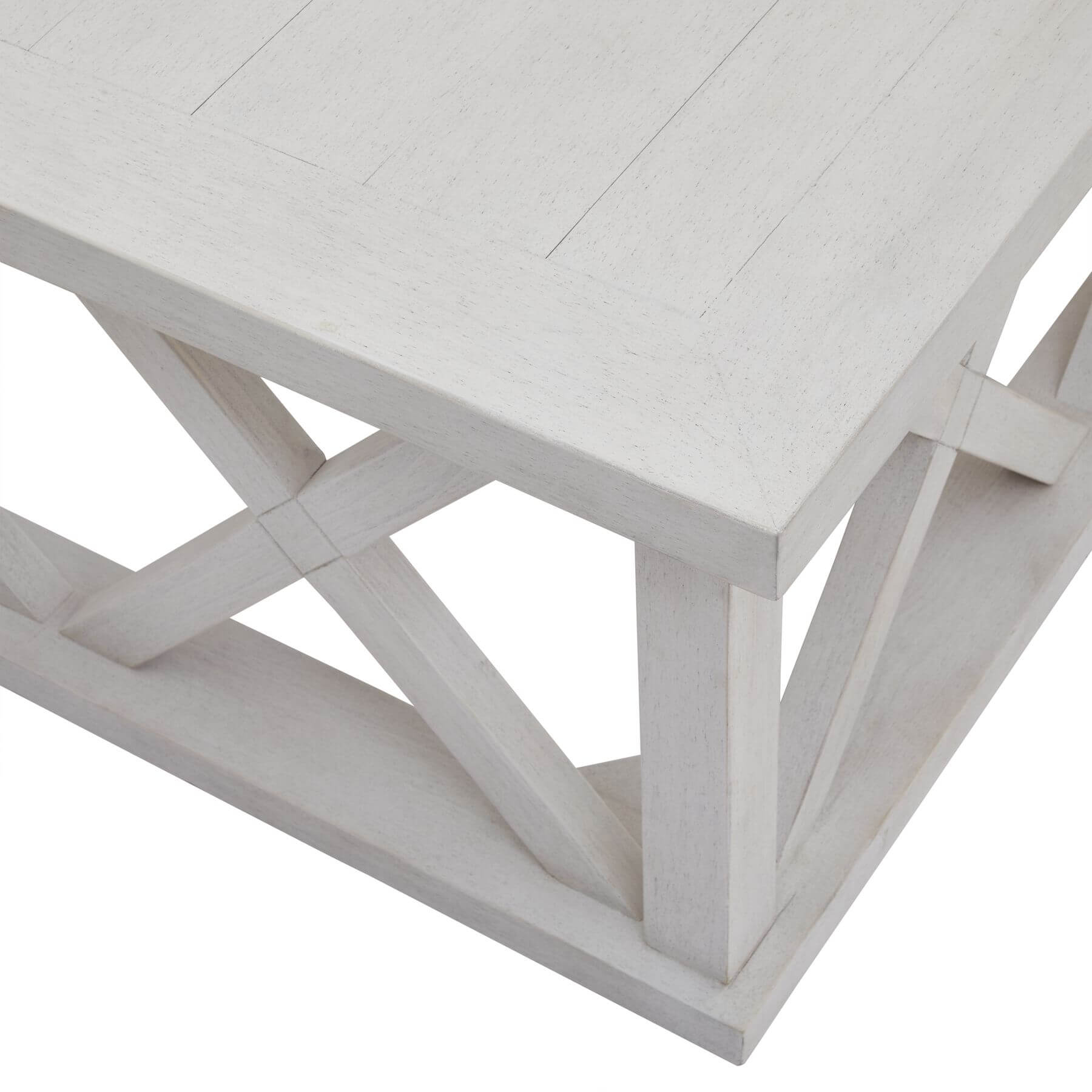 Handcrafted square coffee table with lattice design in distressed white pine, modern farmhouse style, 100cm wide. by Sostter at brixbailey.com