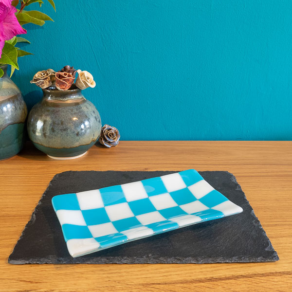 Chequered White and Colour Large Fused Glass Tray 21x12cm
