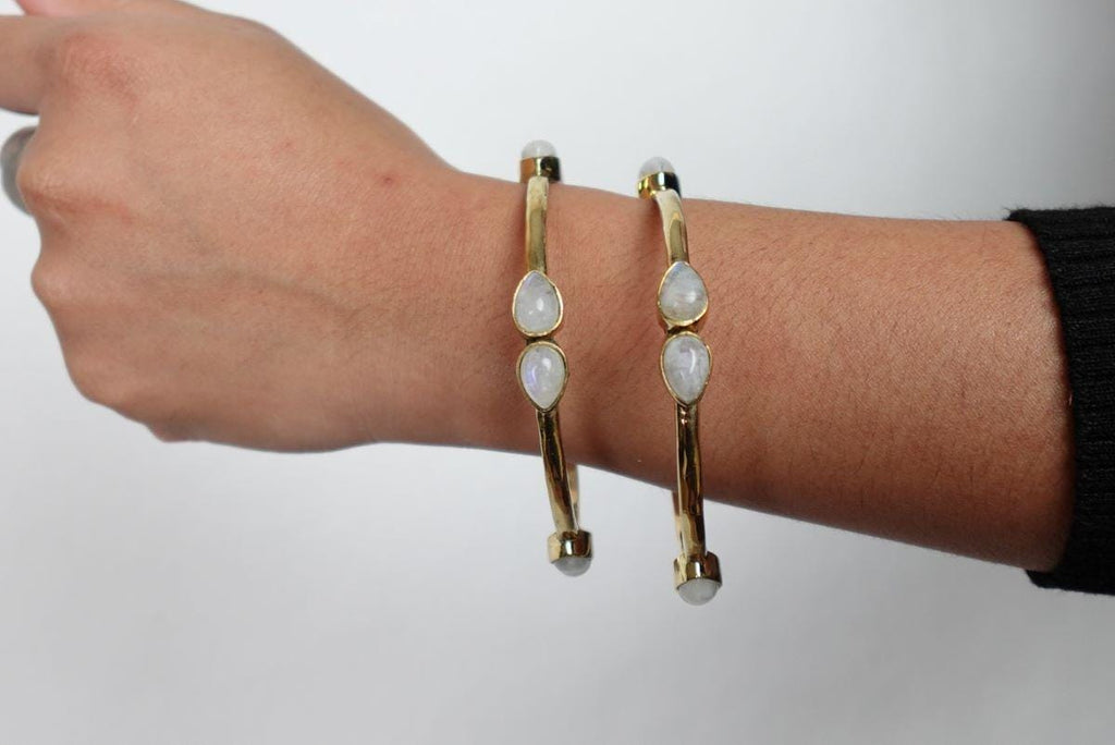 Teardrop Moonstone Brass Cuff in Gold Tone