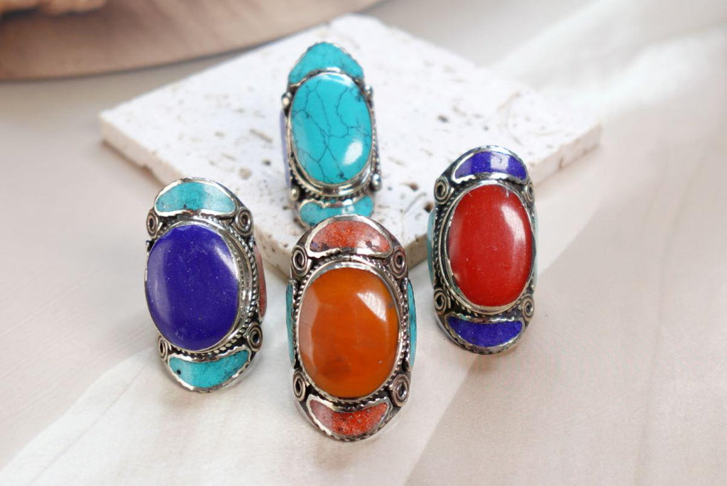 Large Silver Mosaic Rings with Turquoise, Coral and Lapis Inlay