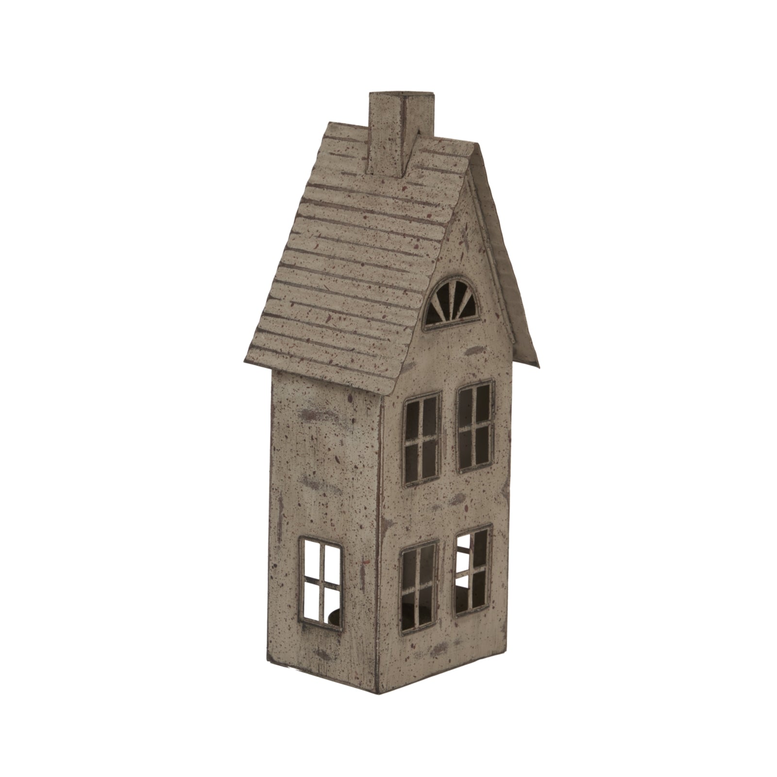 a soft, warm glow from the tall rustic tealight house casting gentle shadows on a wooden surface