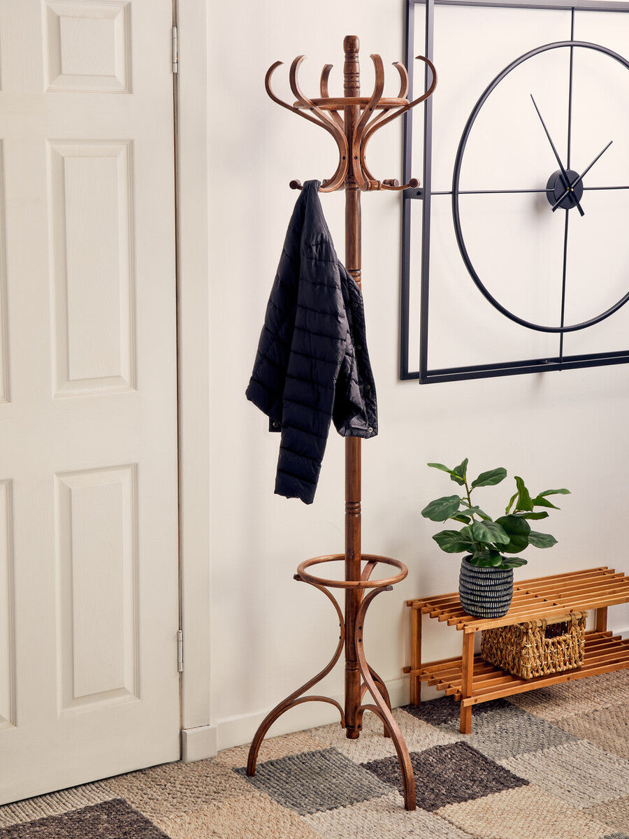 Walnut Finish Solid Birchwood Coat Stand