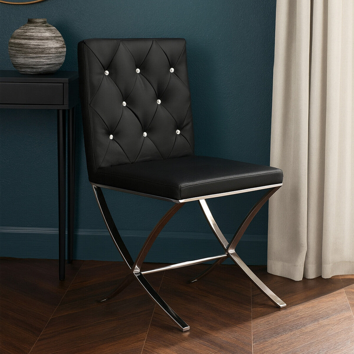 Black Leather Effect Dining Chair with Stainless Steel Cross Legs