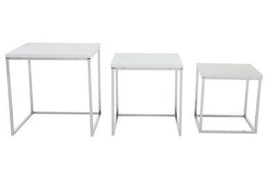 Matte White Nest of 3 Tables with Chrome Frame
