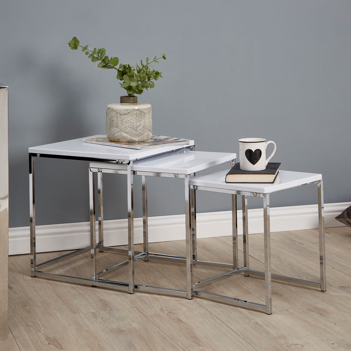 Matte White Nest of 3 Tables with Chrome Frame