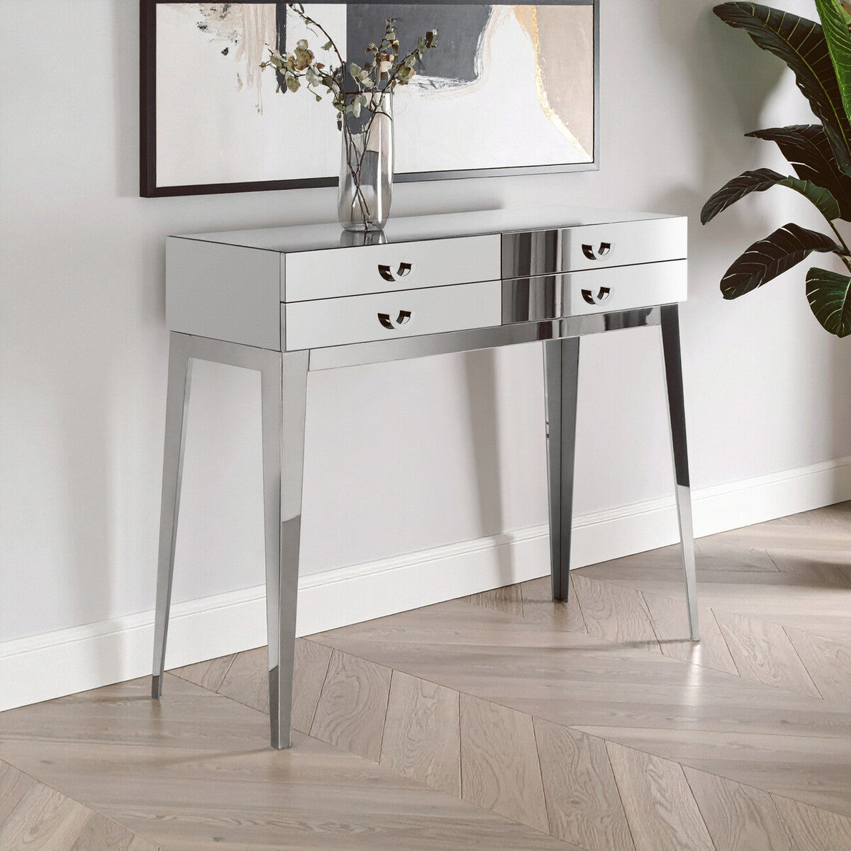 Silver Stainless Steel Console Table with 4 Storage Drawers