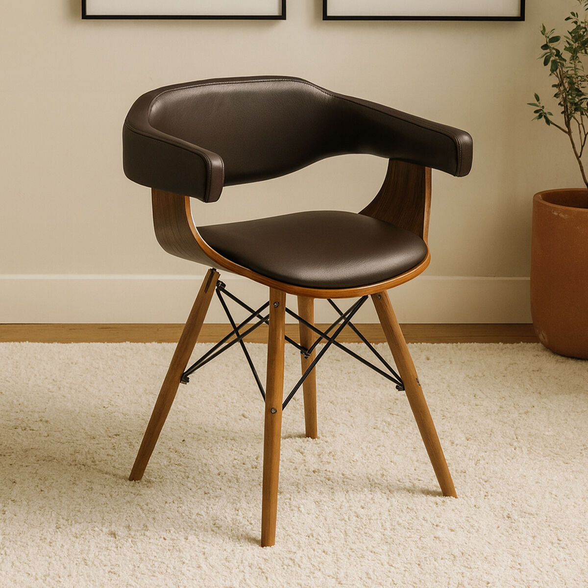 Brown Leather Effect and Beech Wood Sling Chair