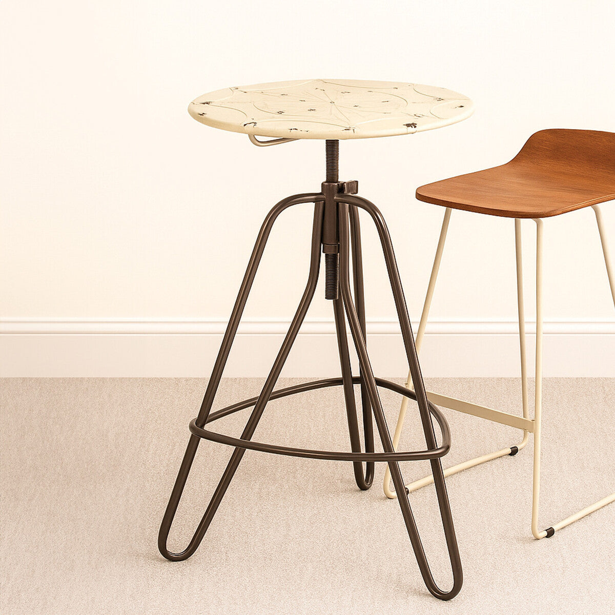 Cream Metal Adjustable Bar Table with Black Distressed Hairpin Legs