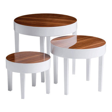 White High Gloss Nest of 3 Tables with Warm Wood Effect Top