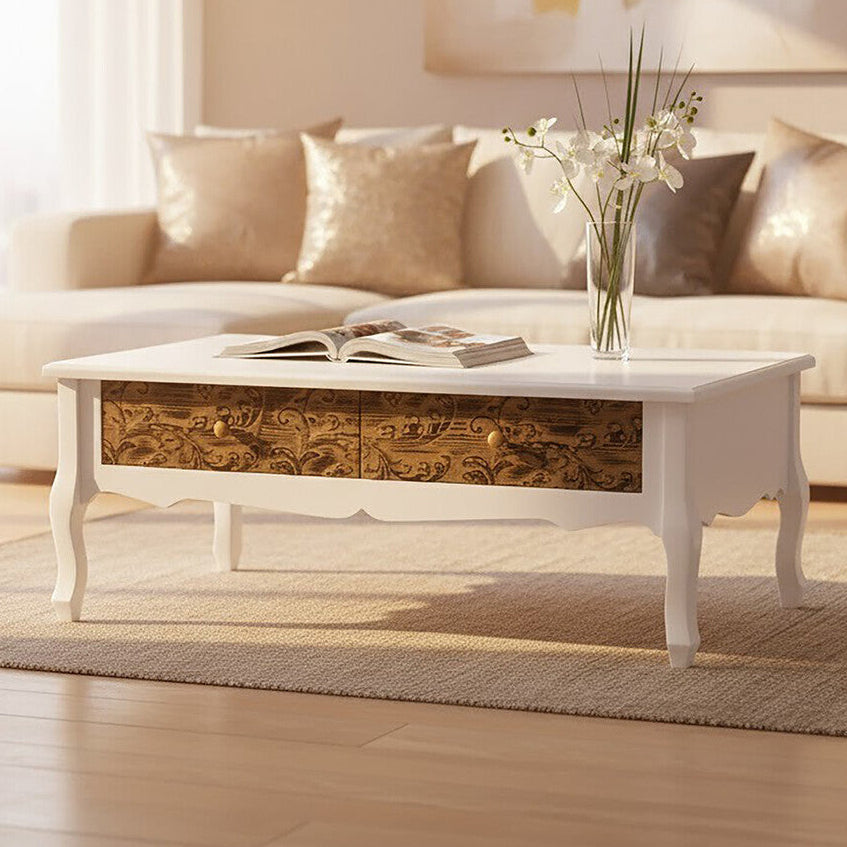 White and Rustic Brown Coffee Table with Storage Drawers