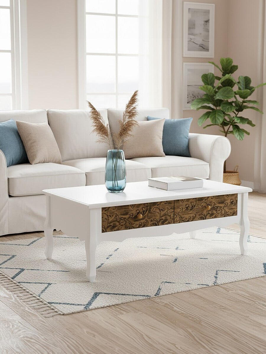 White and Rustic Brown Coffee Table with Storage Drawers