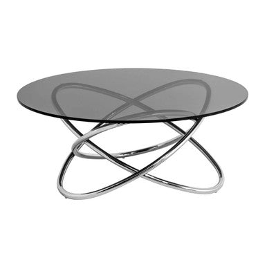 Smoked Grey Tempered Glass Round Coffee Table with Sculptural Stainless Steel Base