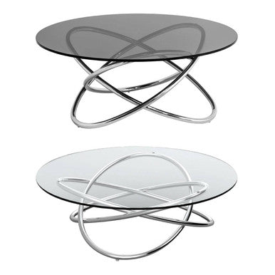 Smoked Grey Tempered Glass Round Coffee Table with Sculptural Stainless Steel Base