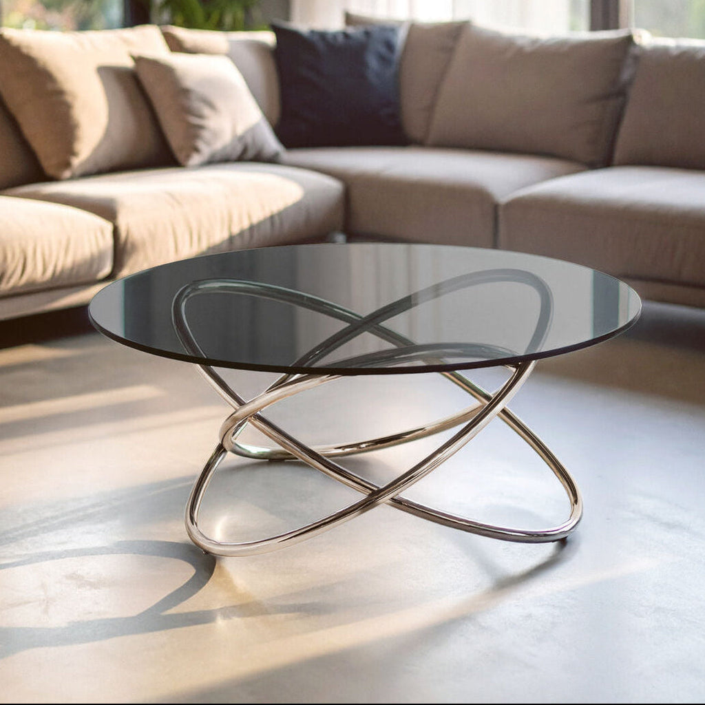 Smoked Grey Tempered Glass Round Coffee Table with Sculptural Stainless Steel Base