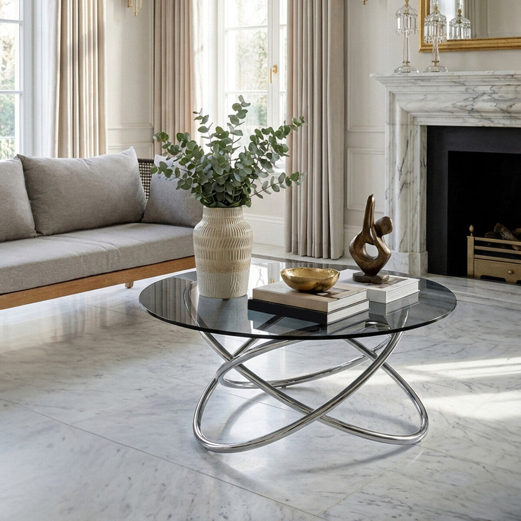 Smoked Grey Tempered Glass Round Coffee Table with Sculptural Stainless Steel Base