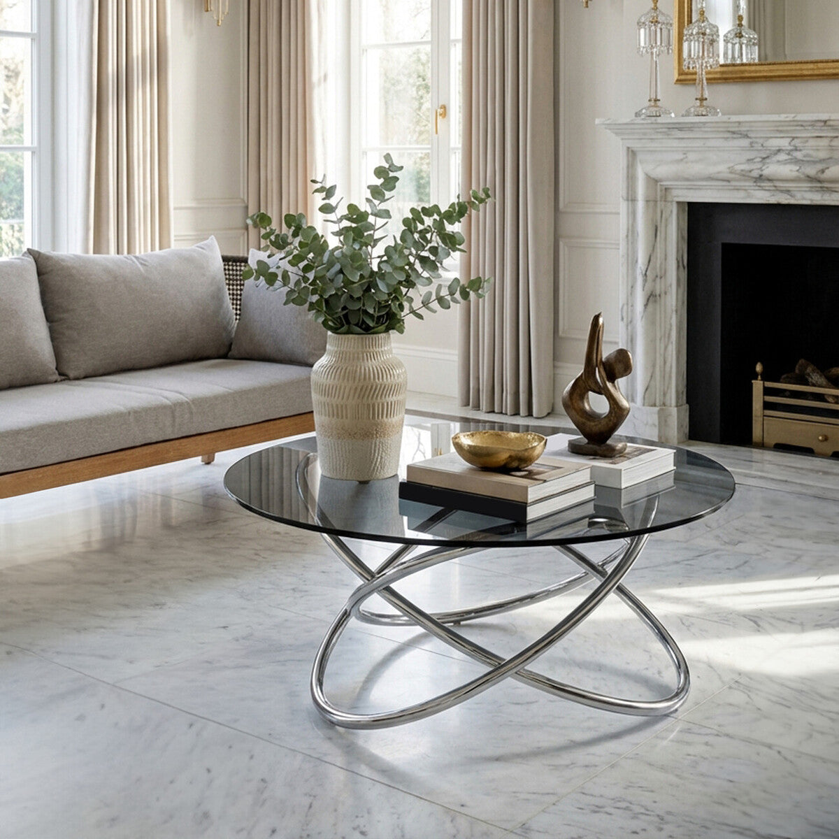 Smoked Grey Tempered Glass Round Coffee Table with Sculptural Stainless Steel Base