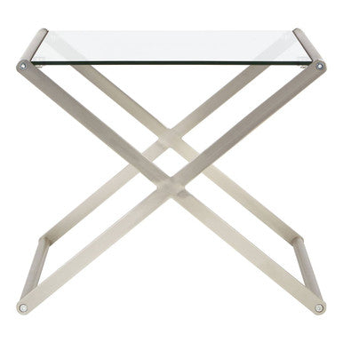 Rectangular Clear Tempered Glass Side Table with Satin Nickel Criss Cross Frame