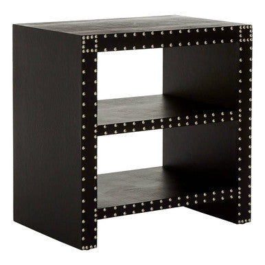 Black Wood Side Table with 2 Shelves and Leather Effect Trim
