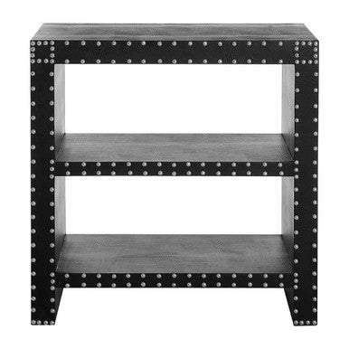 Black Wood Side Table with 2 Shelves and Leather Effect Trim