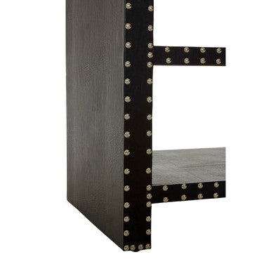 Black Wood Side Table with 2 Shelves and Leather Effect Trim